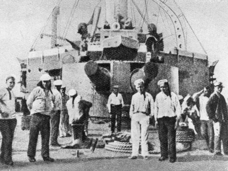 Sailors standing on the deck of the Russian battleship Potemkin