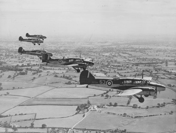 Five Avro Ansons in flight