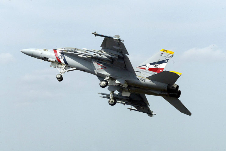 The Boeing F/A 18F Super Hornet takes to the skies during a 2014 air show