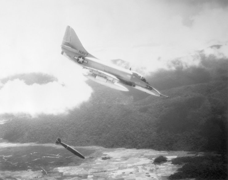 Douglas A-4 Skyhawk dropping a bomb mid-air