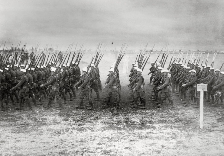 Members of the French Foreign Legion marching in rank