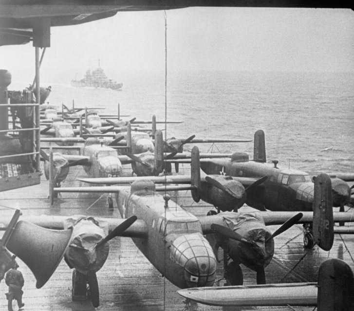 North American B-25B Mitchells parked on the deck of the USS Hornet (CV-8)