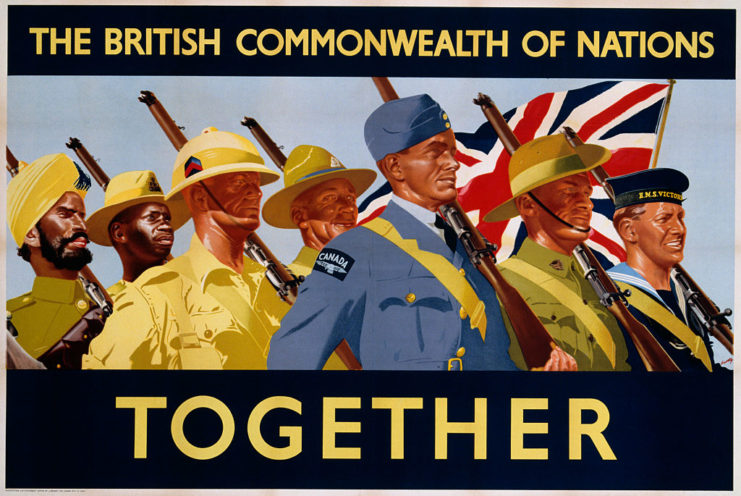 Commonwealth propaganda poster with cartoon soldiers from different nations