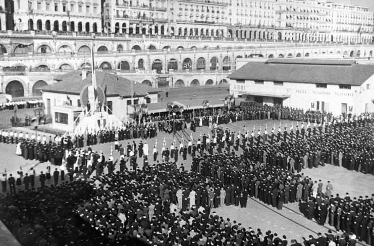 Aerial view of members of the French Foreign Legion standing in rank