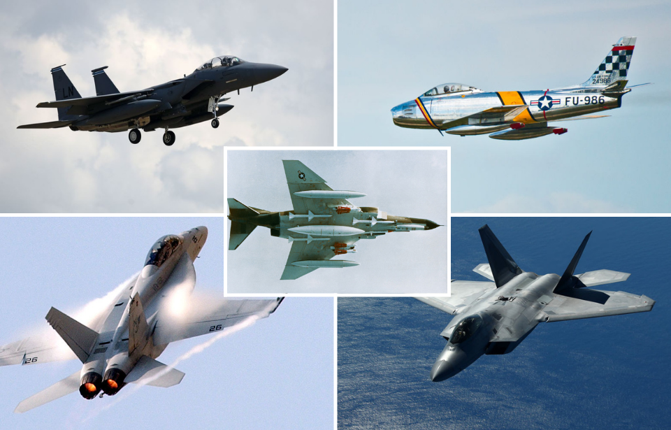 F-15E Strike Eagle in flight + F-86 Sabre in flight + Belly of an F-4E Phantom II in flight + F/A-18E/F Super Hornet in flight + F-22 Raptor in flight