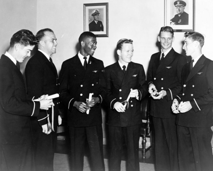 Jesse L. Brown standing with his fellow graduates from the Naval Aviation Cadet Program
