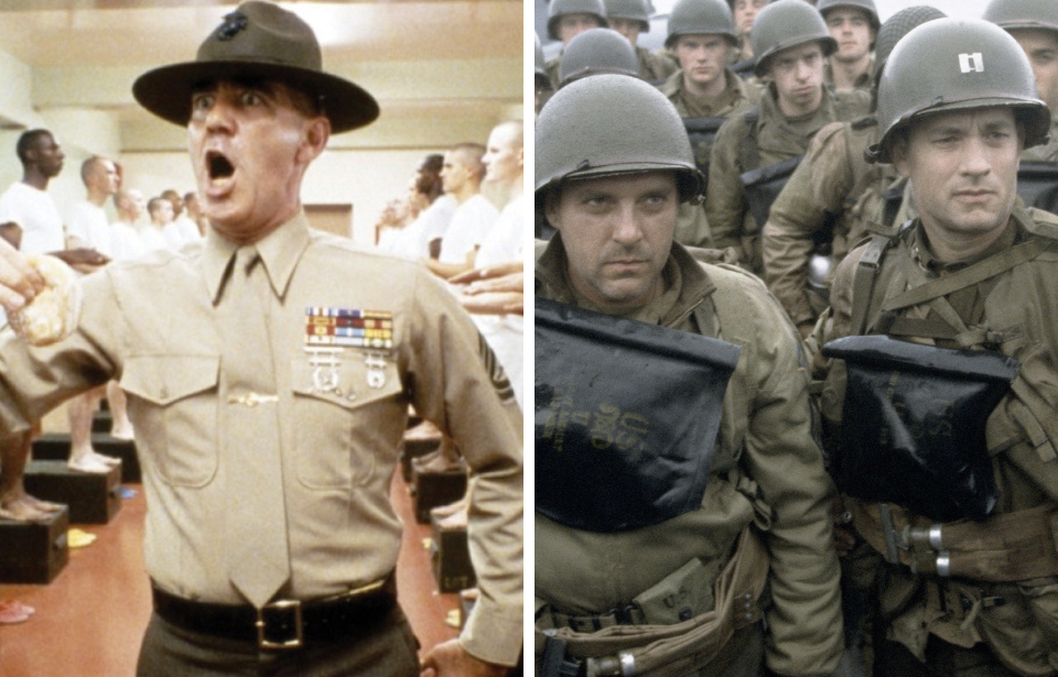 R. Lee Ermey as Gunnery Sgt. Hartman in 'Full Metal Jacket' + Still from 'Saving Private Ryan'