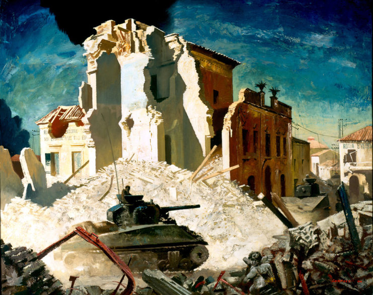 Painting of a tank driving through rubble.
