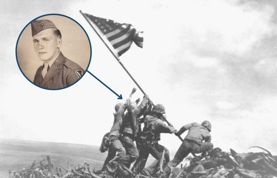 US Marines raising the American flag on Iwo Jima + Military portrait of Harold Schultz