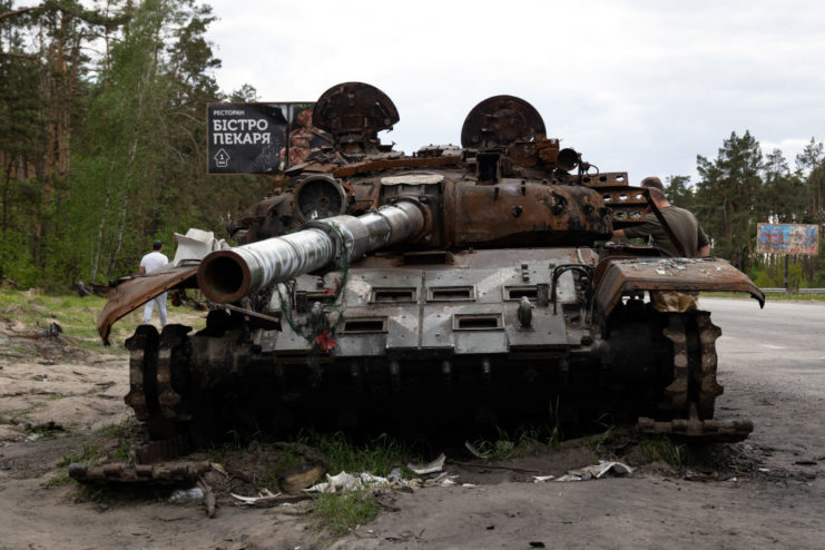 Destroyed Russian tank in the middle of a street