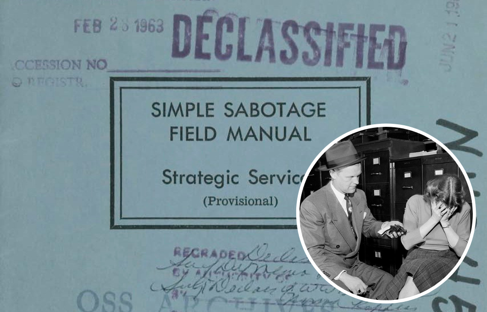 Cover of the Simple Sabotage Field Manual + Woman crying while speaking with a police officer