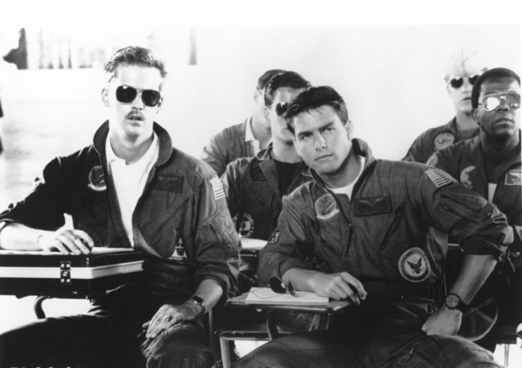 Anthony Edwards and Tom Cruise as Pete "Maverick" Mitchell and Nick "Goose" Bradshaw in 'Top Gun