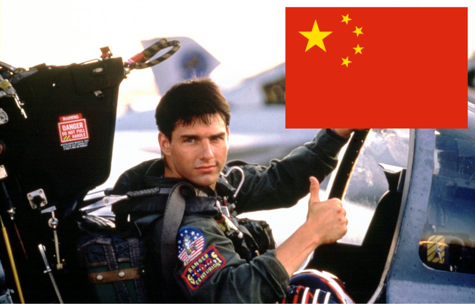 Tom Cruise as Lt. Pete "Maverick" Mitchell in 'Top Gun' + Chinese flag