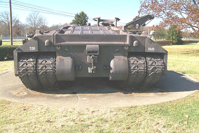 View of the rear of a T28 Super Heavy Tank on display outside