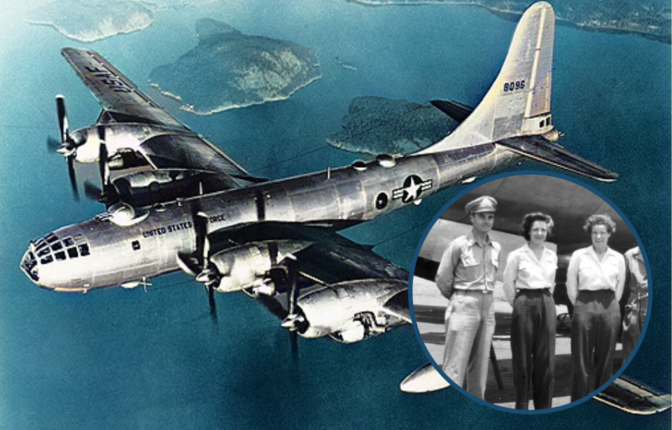 Boeing B-29 Superfortress in flight + Paul Tibbets, Dora Dougherty and Dorothea Moorman standing in front of a Boeing B-29 Superfortress