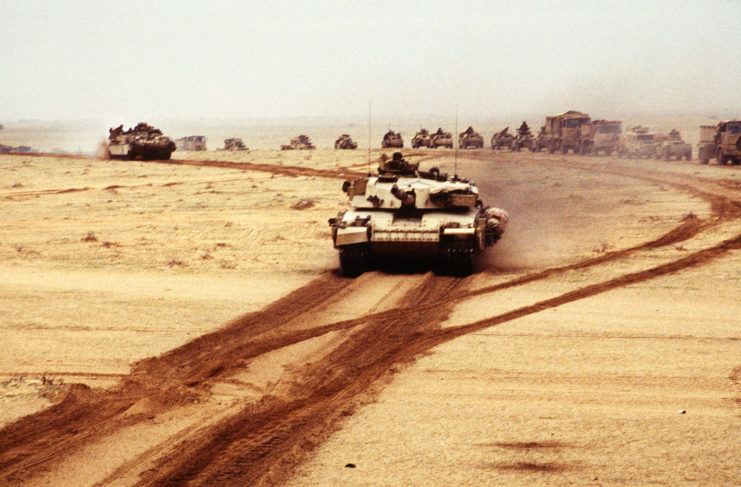 Challenger 1 driving along the sand