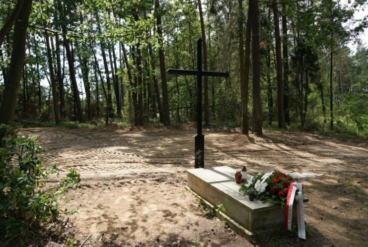 Gravestone overlooked by a wooden cross in the middle of Białuty Forest