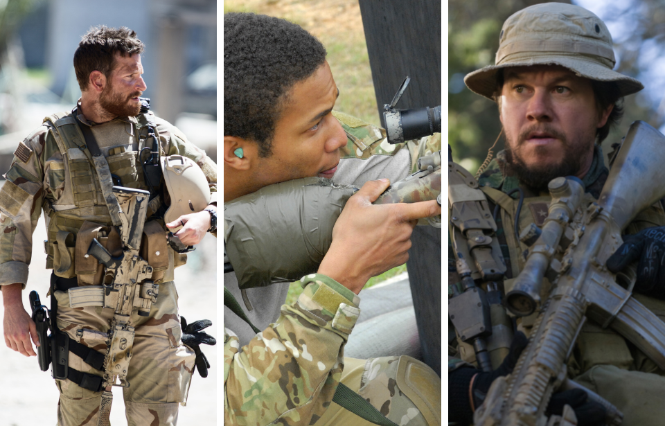 Bradley Cooper as Chris Kyle in 'American Sniper' + Nicholas Irving aiming his rifle + Mark Wahlberg as Marcus Luttrell in 'Lone Survivor'