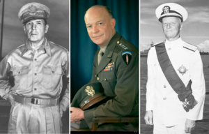 Douglas MacArthur standing in uniform + Military portrait of Dwight D. Eisenhower + Chester Nimitz standing in his naval uniform