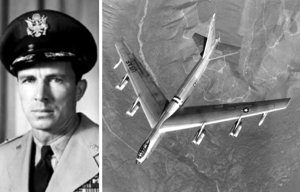 Military portrait of Patrick Fleming + Boeing B-52 Stratofortress in flight