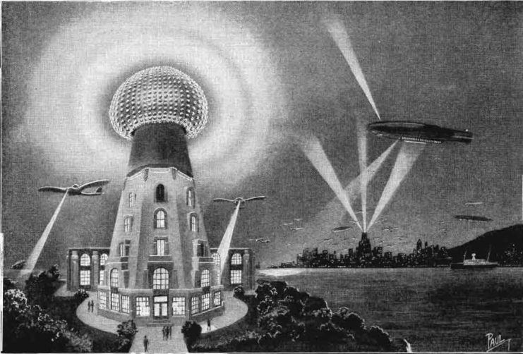 Illustration of a brightly-lit tower with aircraft circling it