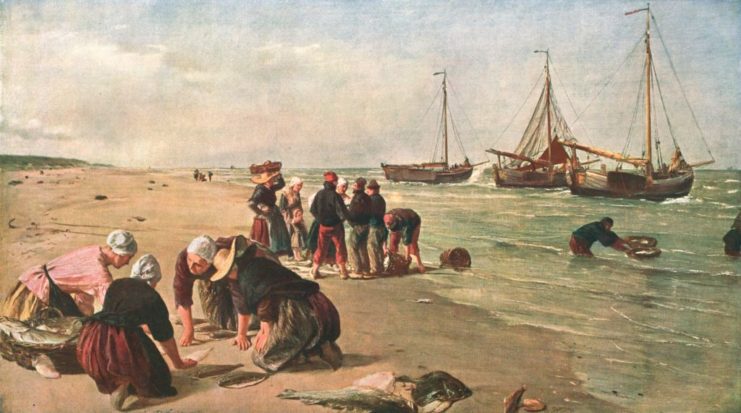Painting of men and women along Dogger Bank, with three boats along the coast