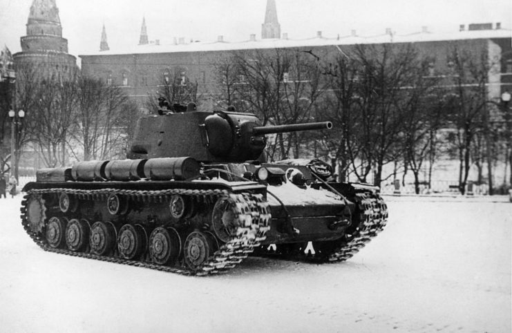KV-1 tank driving past the Kremlin in the snow