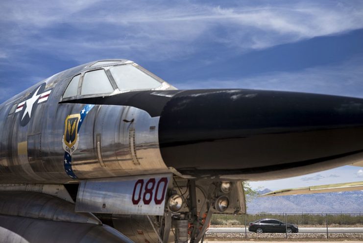 Close-up of a grounded Convair B-58A Hustler