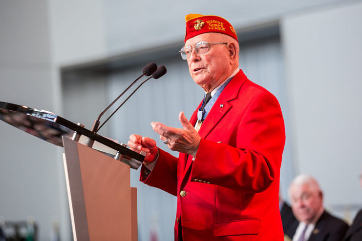 Hershel W. "Woody" Williams speaking at a podium