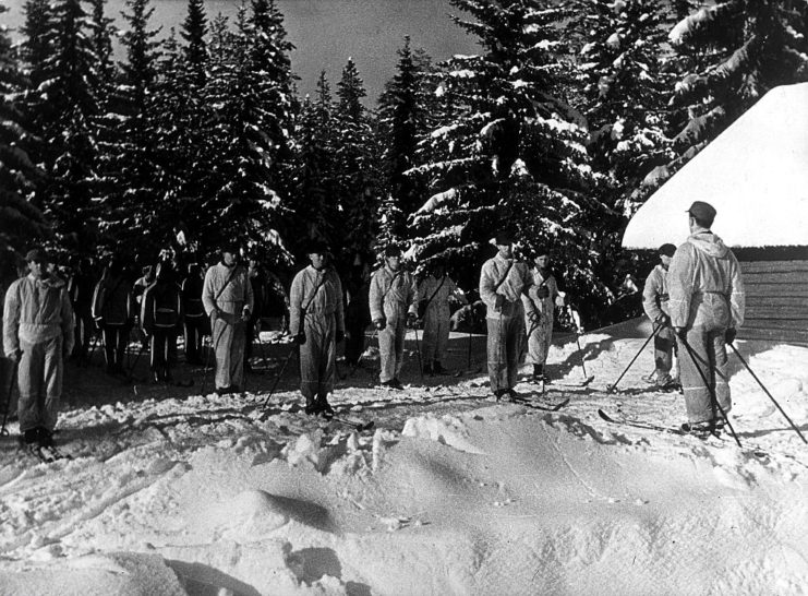 Norwegian resistance fighters standing in the snow