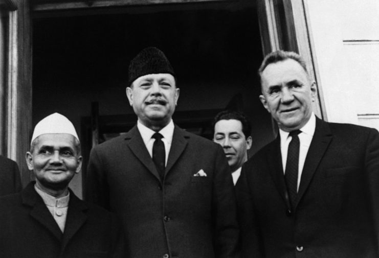 Lal Bahadur Shastri and Muhammad Ayub Khan standing with two other men