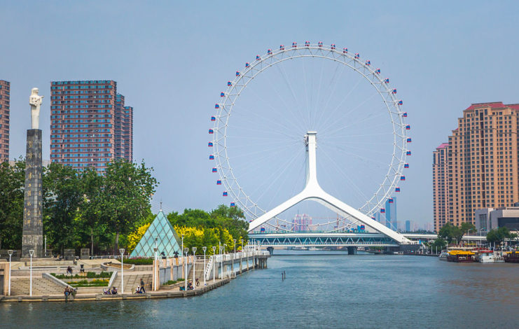 View of the Tientsin Eye and Yongle Bridge over the Hai River in Tianjin, China