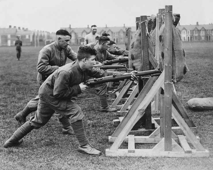 British soldiers practicing firing with bayonets