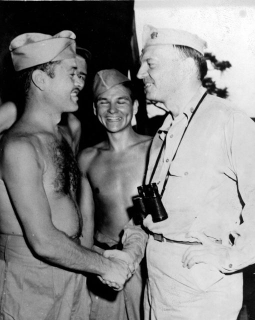 Gregory "Pappy" Boyington shaking hands with Harold Stassen