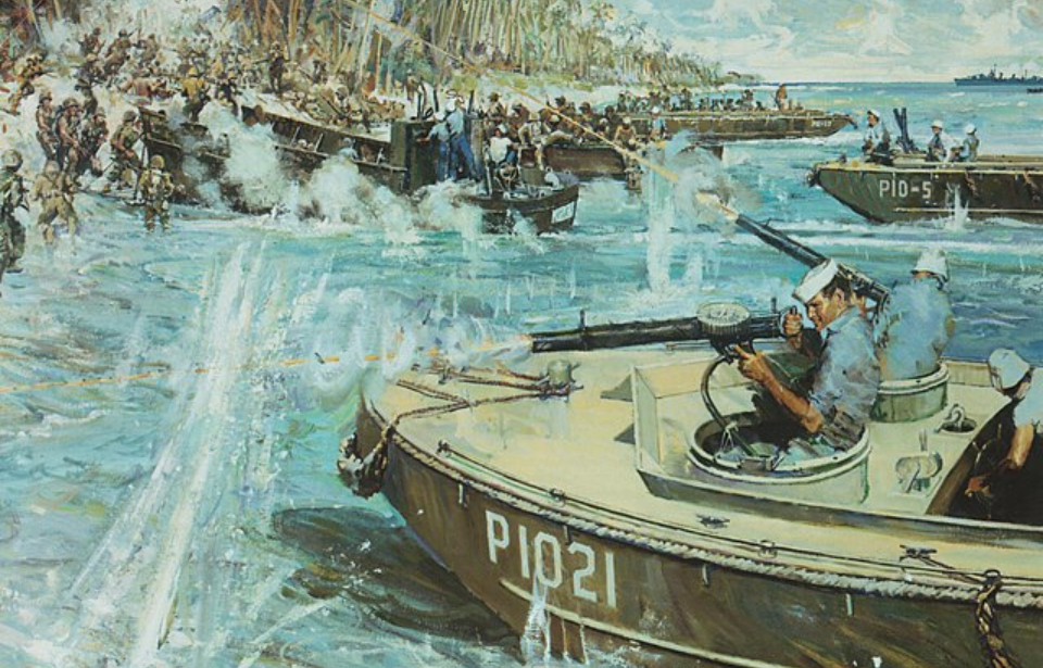 Painting of US Coast Guardsmen firing weapons from a boat