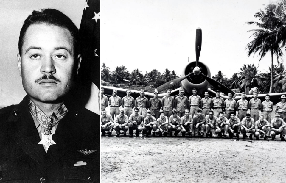 Gregory "Pappy" Boyington wearing his Medal of Honor + Members of the Black Sheep Squadron standing in front of an aircraft