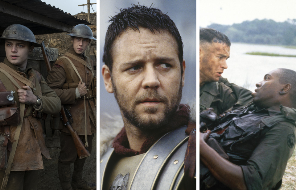 Dean-Charles Chapman and George MacKay as Lance Cpl. Thomas "Tom" Blake and Lance Cpl. William "Will" Schofield in '1917' + Russell Crowe as Maximus Decimus Meridius in 'Gladiator' + Tom Hanks and Mykelti Williamson as Forrest Gump and Benjamin Buford "Bubba" Blue in 'Forrest Gump'