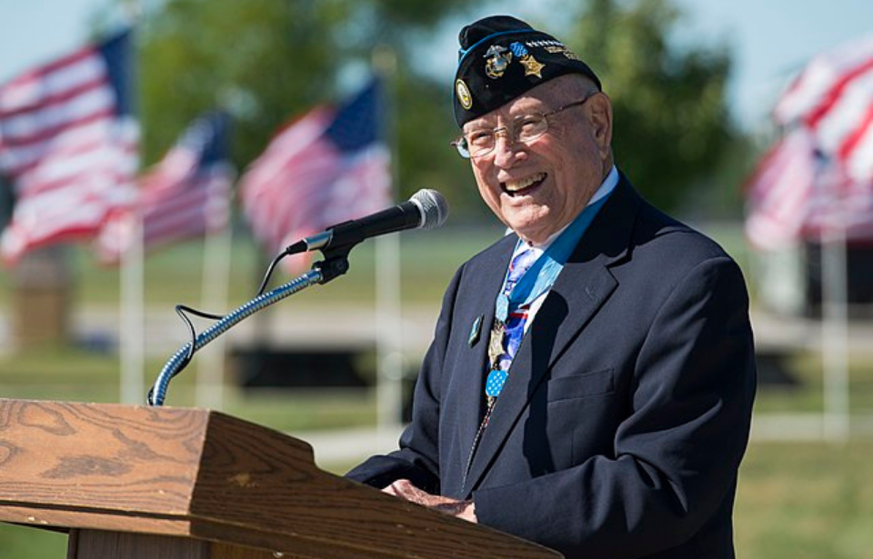 Hershel W. "Woody" Williams speaking at a podium