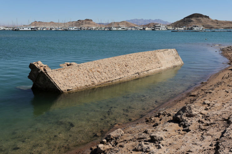 Bottom portion of a partially-submerged Higgins boat in Lake Mead