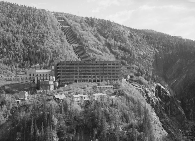 View of the Vemork hydroelectric power plant along the edge of a mountain