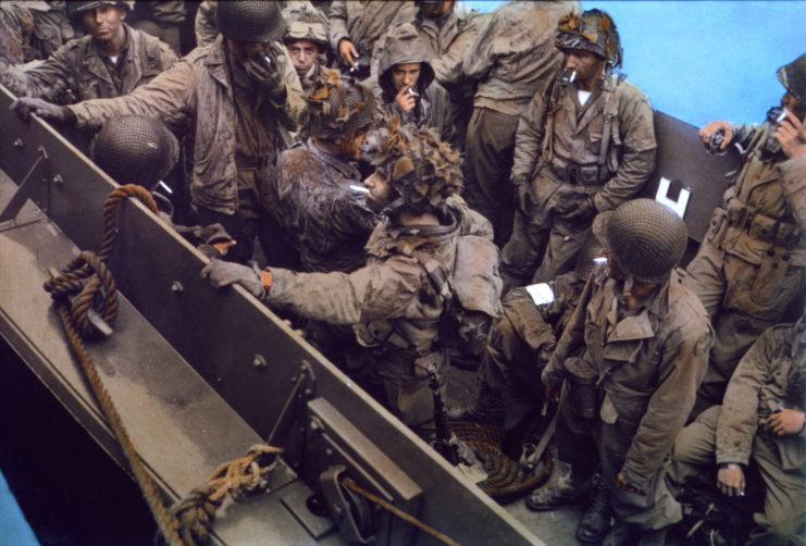 Overhead view of US troops onboard a landing craft, vehicle, personnel (LCVP)