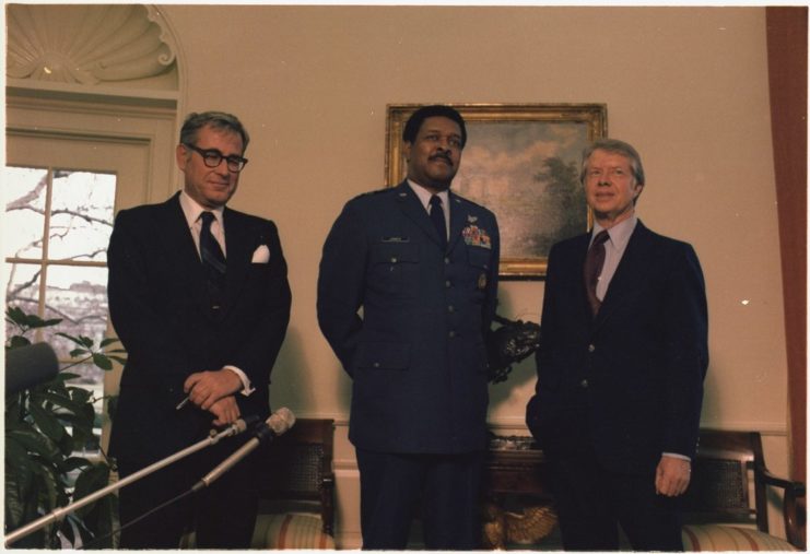 Gen. Daniel James Jr. standing with President Jimmy Carter and Secretary of Defense Harold Brown