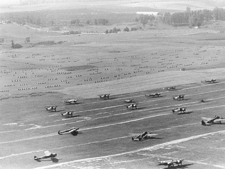 Aerial view of Luftwaffe aircraft parked at an airfield