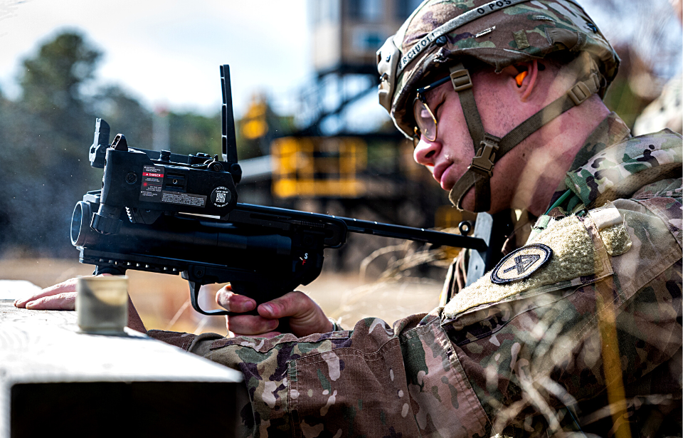 Soldier aiming an M320 grenade launcher
