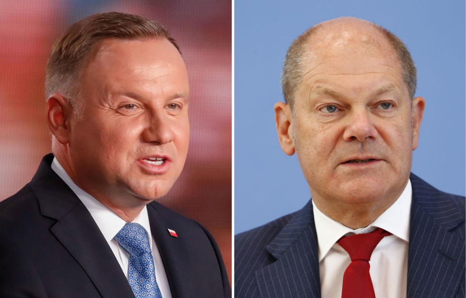 Polish President Andrzej Duda speaking + Close-up of German Chancellor Olaf Scholz