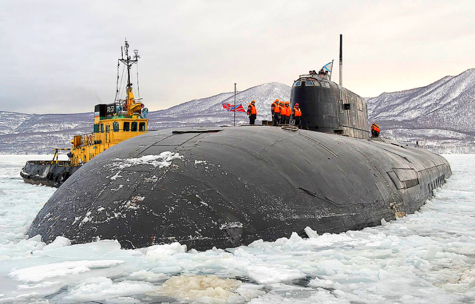 Tomsk (K-150) nuclear submarine surrounded by ice