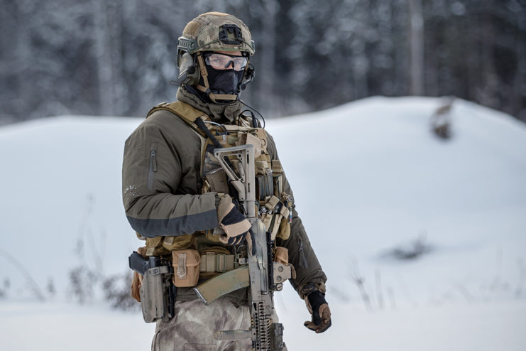 Russian Spetsnaz soldier standing in the snow