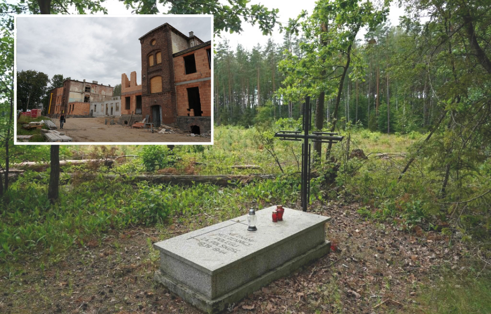 Gravestone overlooked by a wooden cross in the middle of Białuty Forest + Remains of Soldau concentration camp