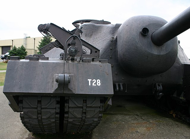 Front view of a T28 Super Heavy Tank prototype on display outside