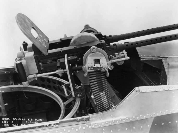 Twin flexible 7.62 mm Browning M1919s in the rear cockpit of a Douglas SBD-3 Dauntless